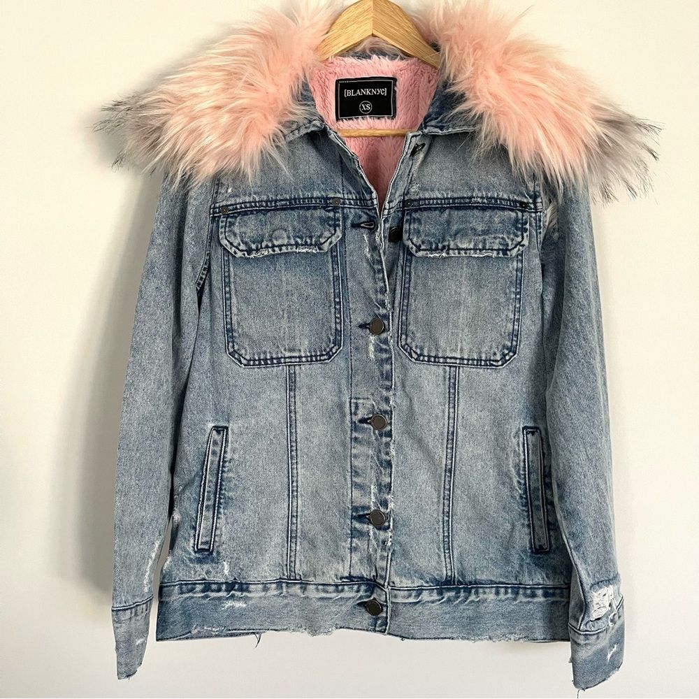Blank NYC Pink Faux Fur Collar/Lined Snowflake Denim Jacket, Size XS - Picture 6 of 16